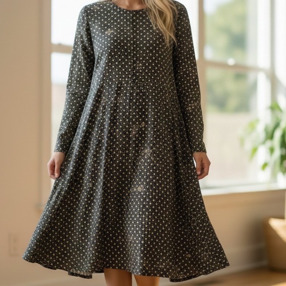 Magnolia Pearl Dress Women OS Black Geometric Floral Cotton Boho Lagenlook